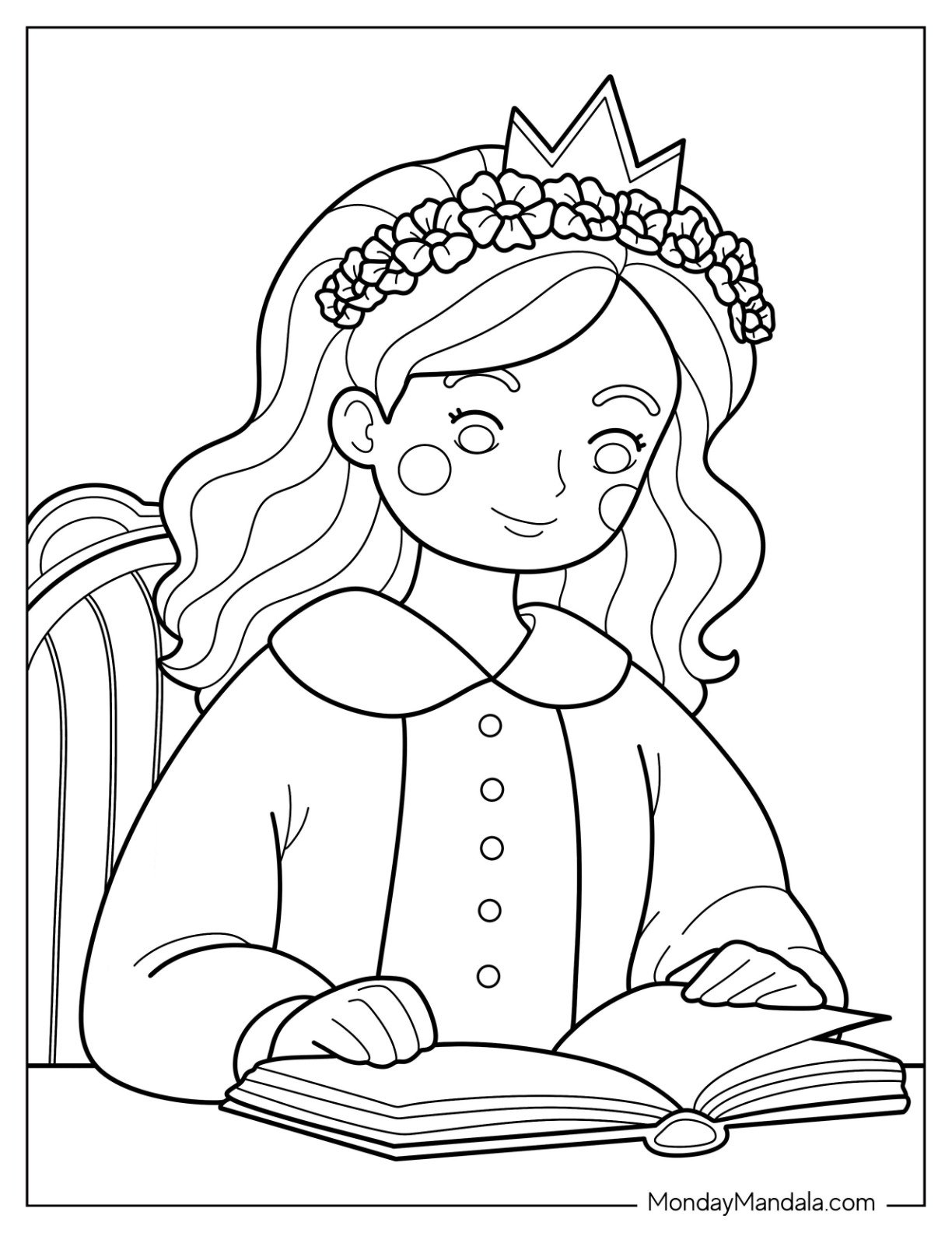Gentle Princess Coloring Page with Flower Crown Studying at Desk for Kids