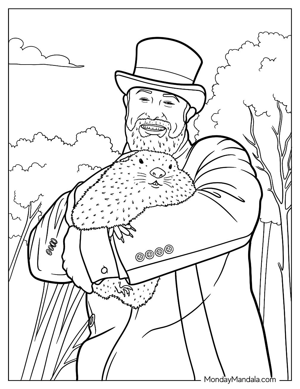 Gentleman Cradling A Large Groundhog Day Coloring Page
