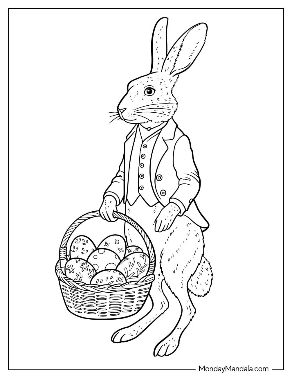 Easter For Adults Coloring Page of Gentleman Rabbit in a Suit Holding Basket of Easter Eggs