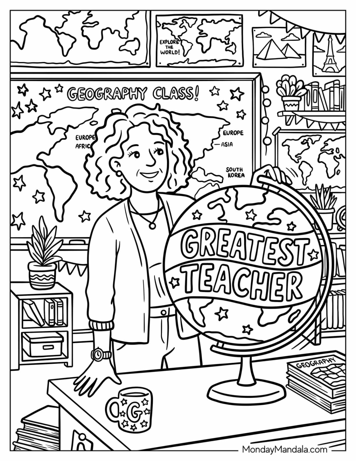 Geography Teacher Coloring Page Standing Behind Her Desk in Class
