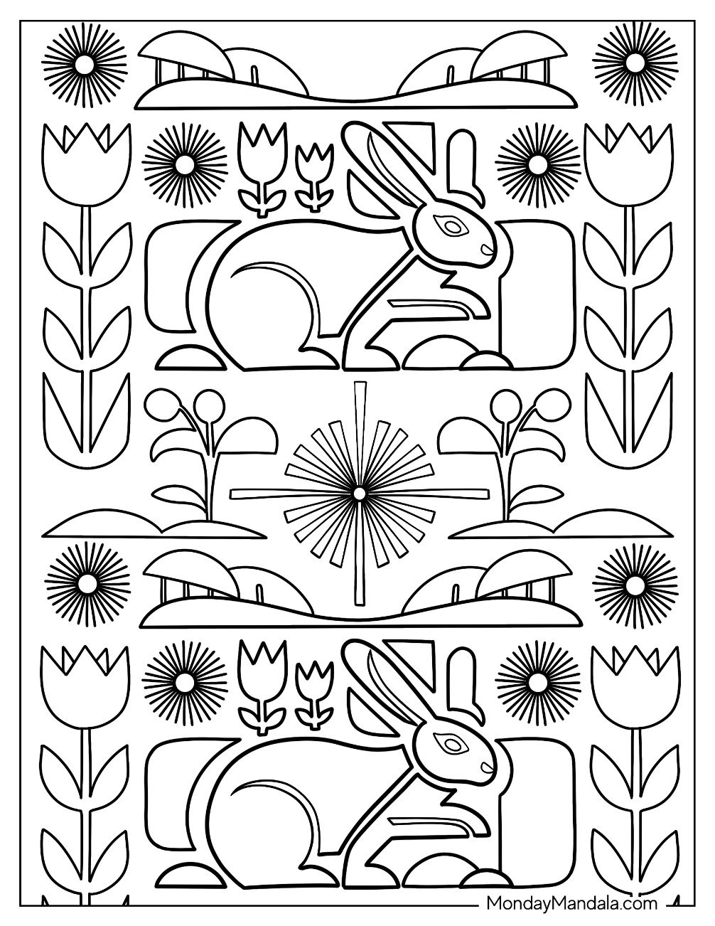Easter For Adults Coloring Page of Geometric Easter Bunny with Flowers