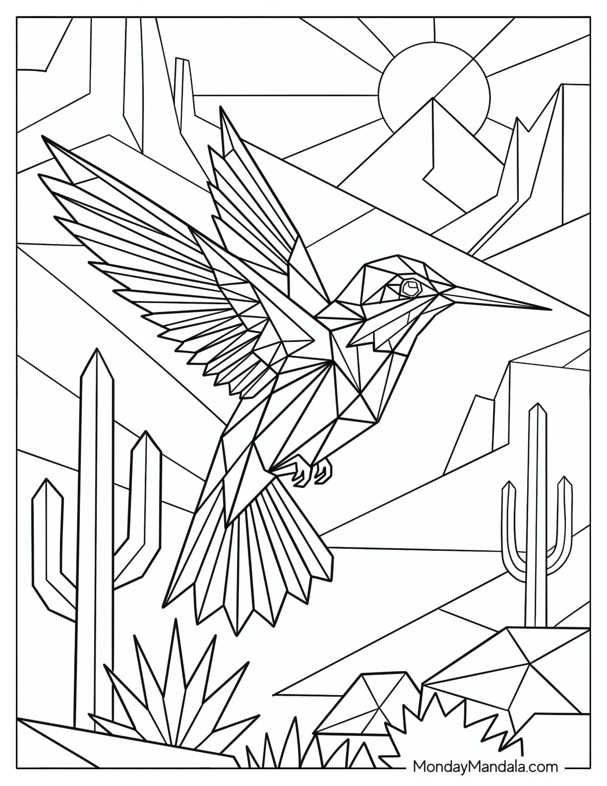Geometric Hummingbird Flying Over a Desert Landscape