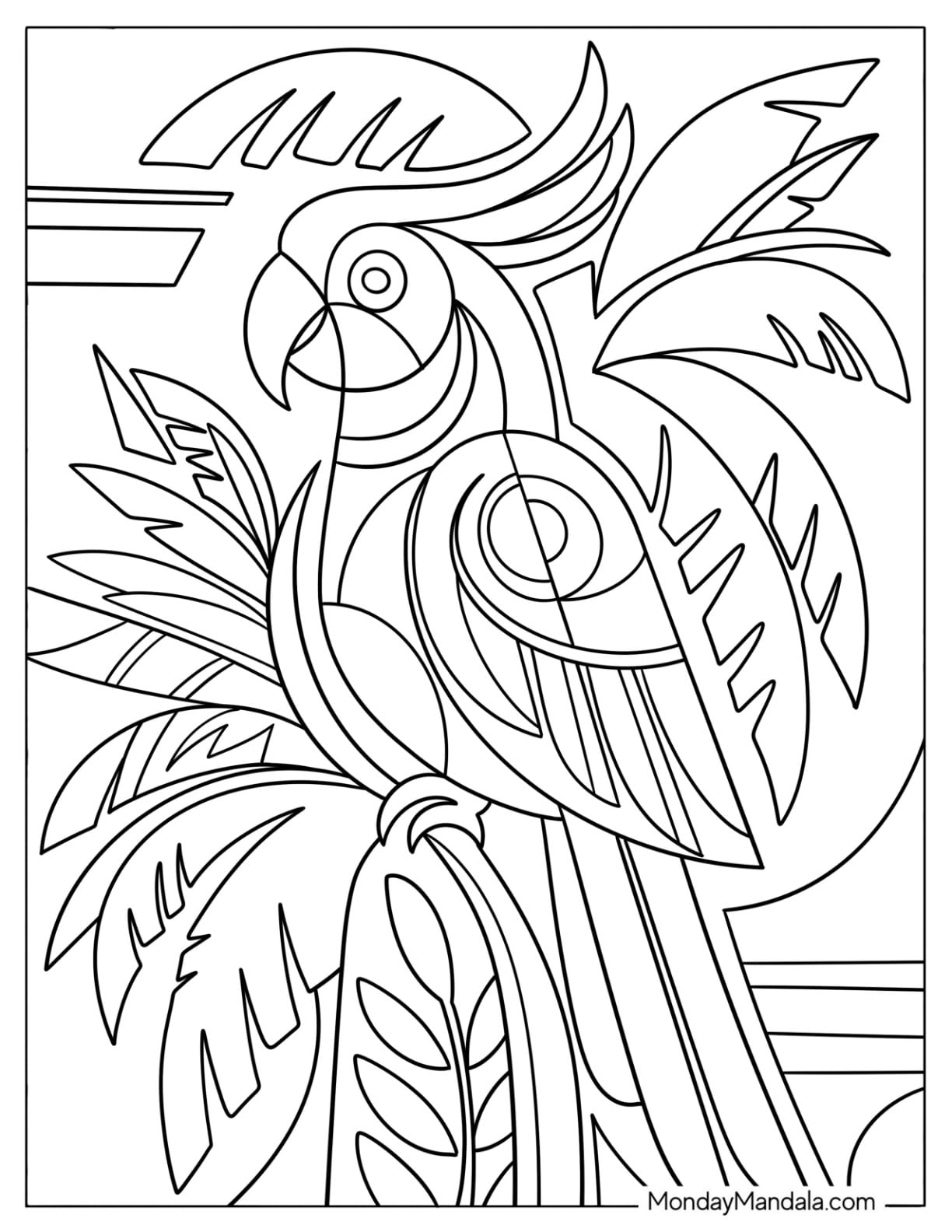 Geometric Macaw Parrot in Tropical Leaves Coloring Page