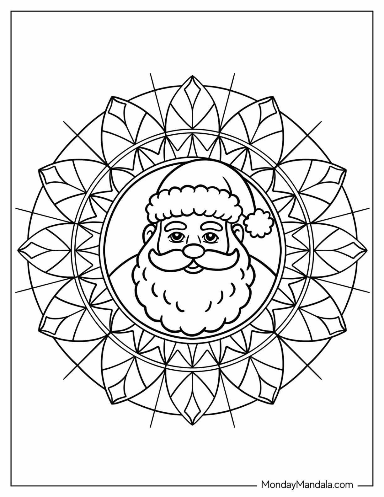 Geometric Mandala with Classic Santa Portrait Coloring Sheet for Kids
