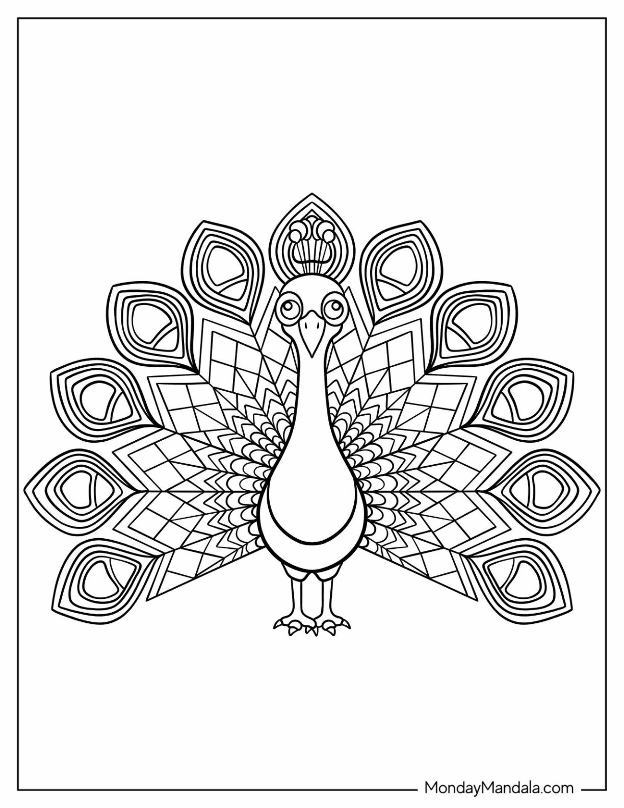 Geometric Peacock Coloring Page With Patterned Tail For Kids
