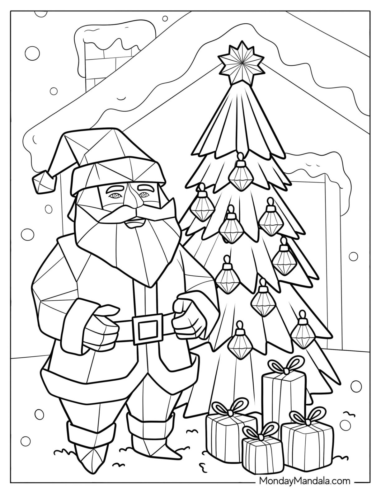 Geometric Santa Standing Next to a Christmas Tree
