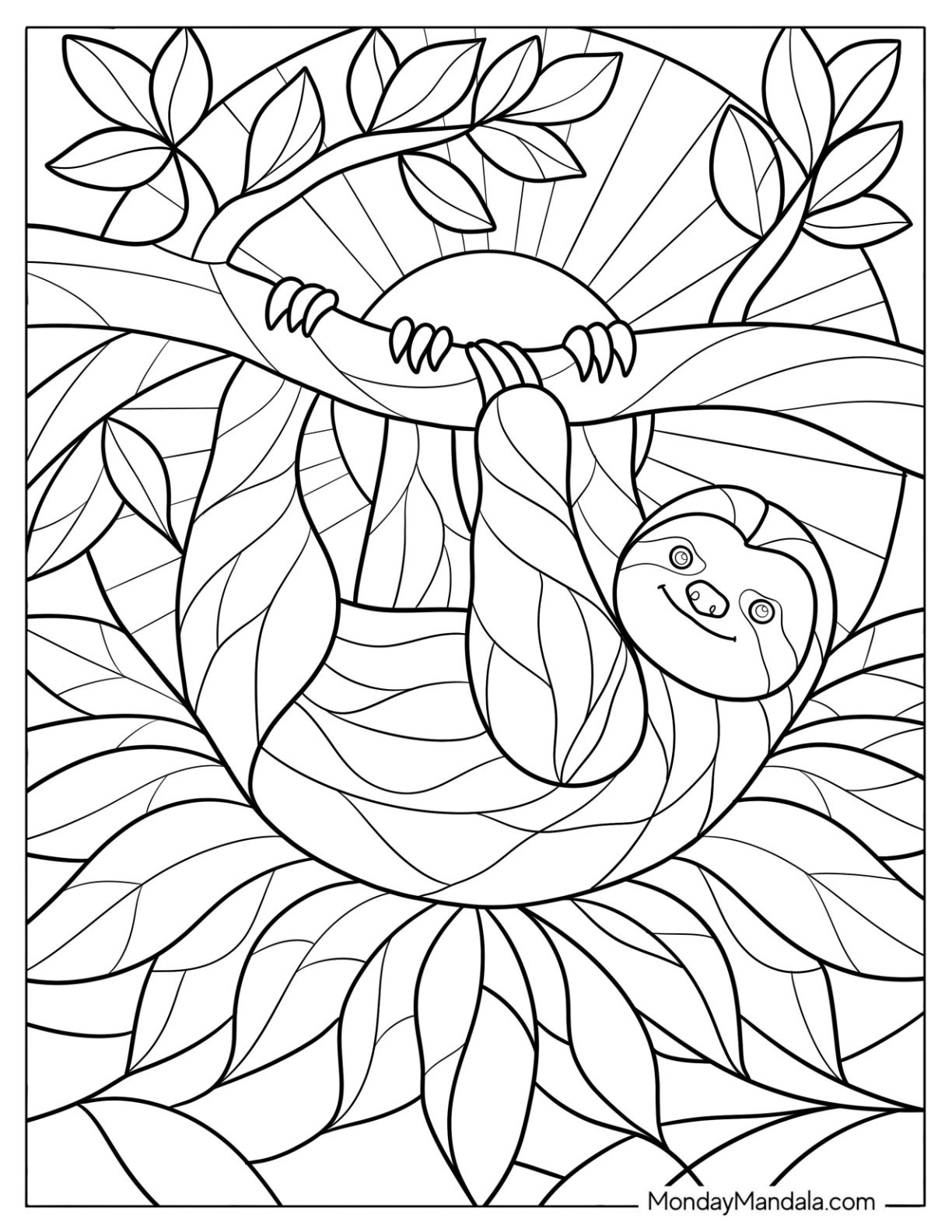 Geometric Sloth Coloring Page Hanging from A Tree