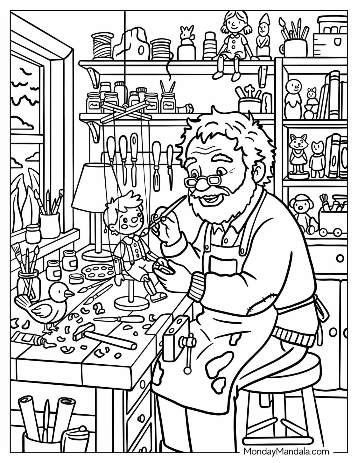 Geppetto Painting Pinocchio in His Toy Workshop Coloring Page