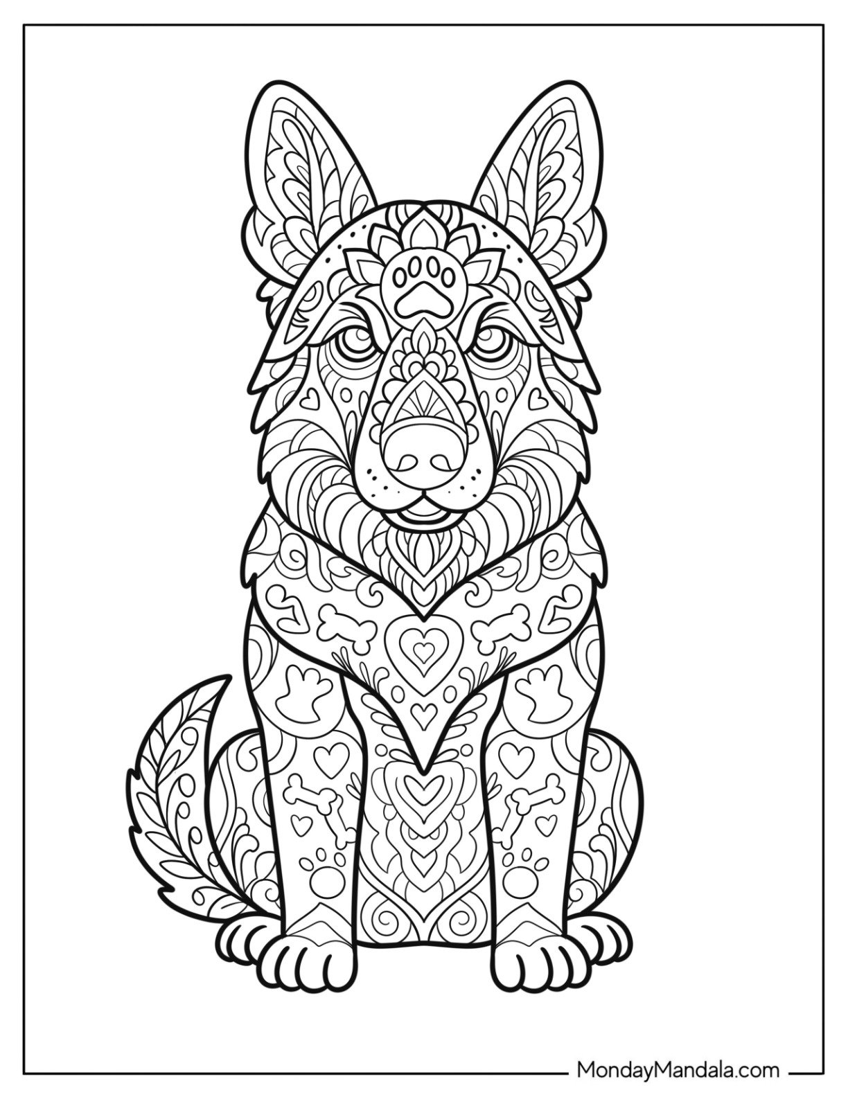 German Shepherd Coloring Page Mandala with Floral Patterns