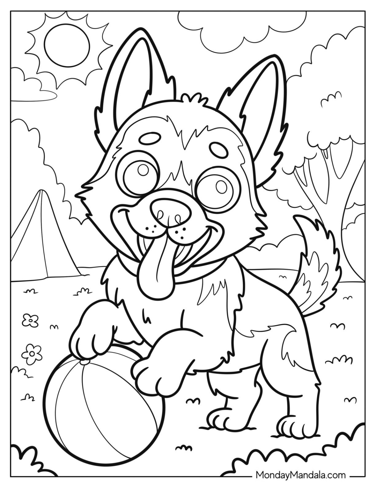 German Shepherd Coloring Page Puppy Playing with a Ball in the Park for Kids
