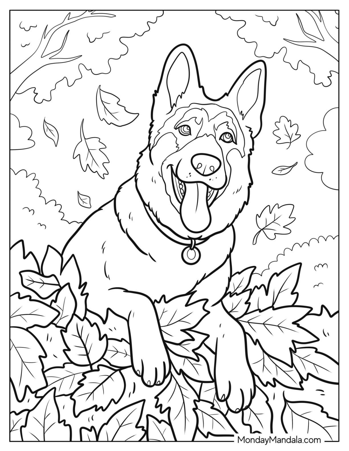 German Shepherd Coloring Page with Collar Playing with Fall Leaves