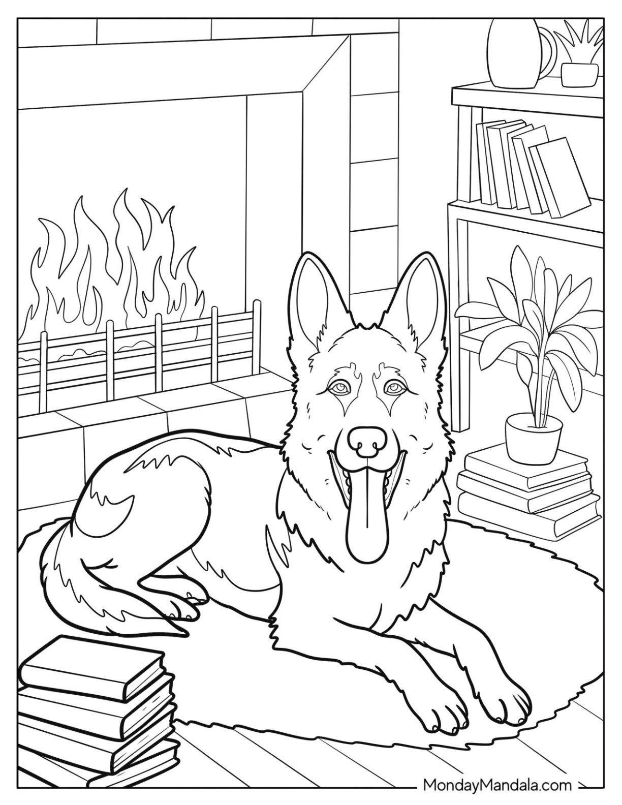German Shepherd Coloring Page with Tongue Out in Living Room with Fireplace