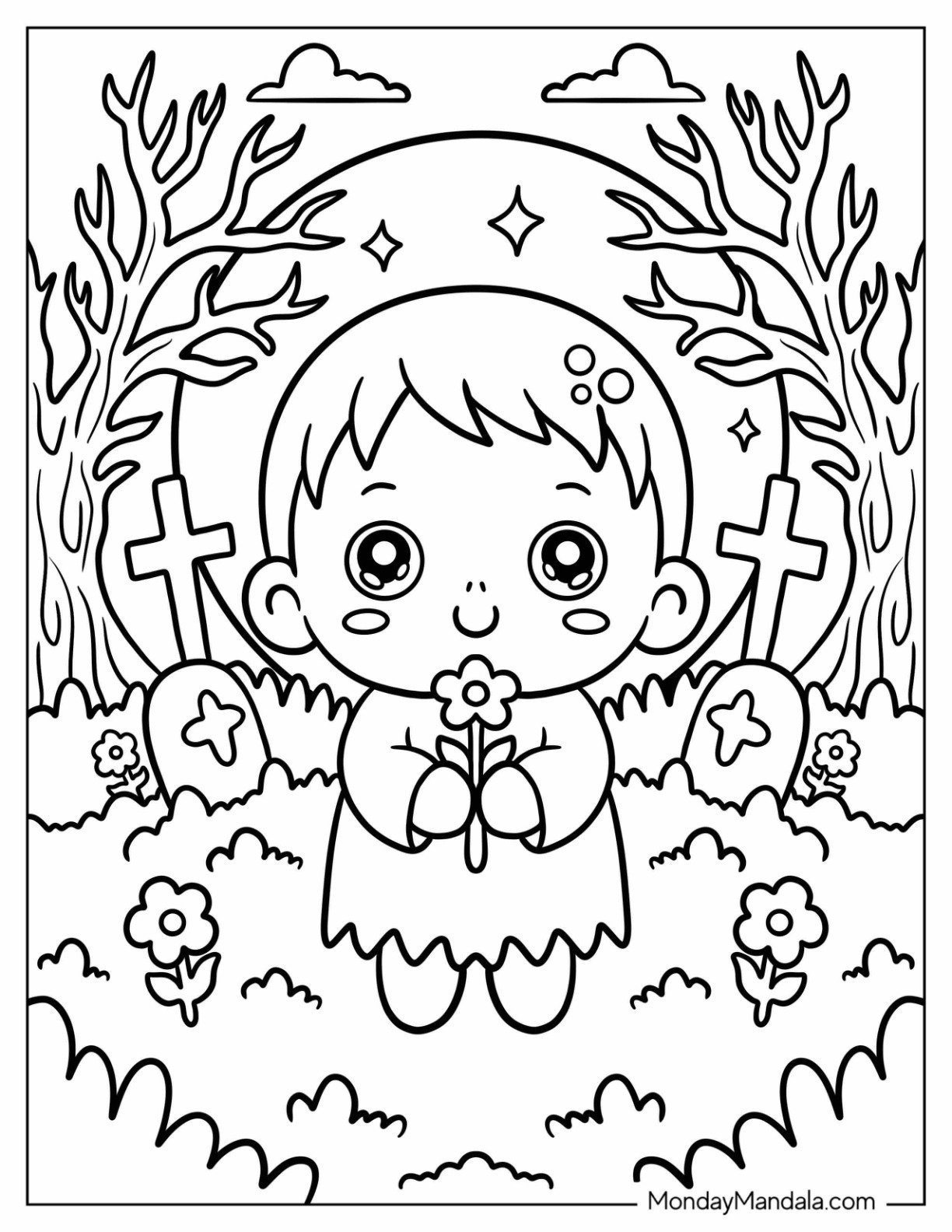 Horror Coloring Page of Ghost Child Holding Flower in the Graveyard for Kids