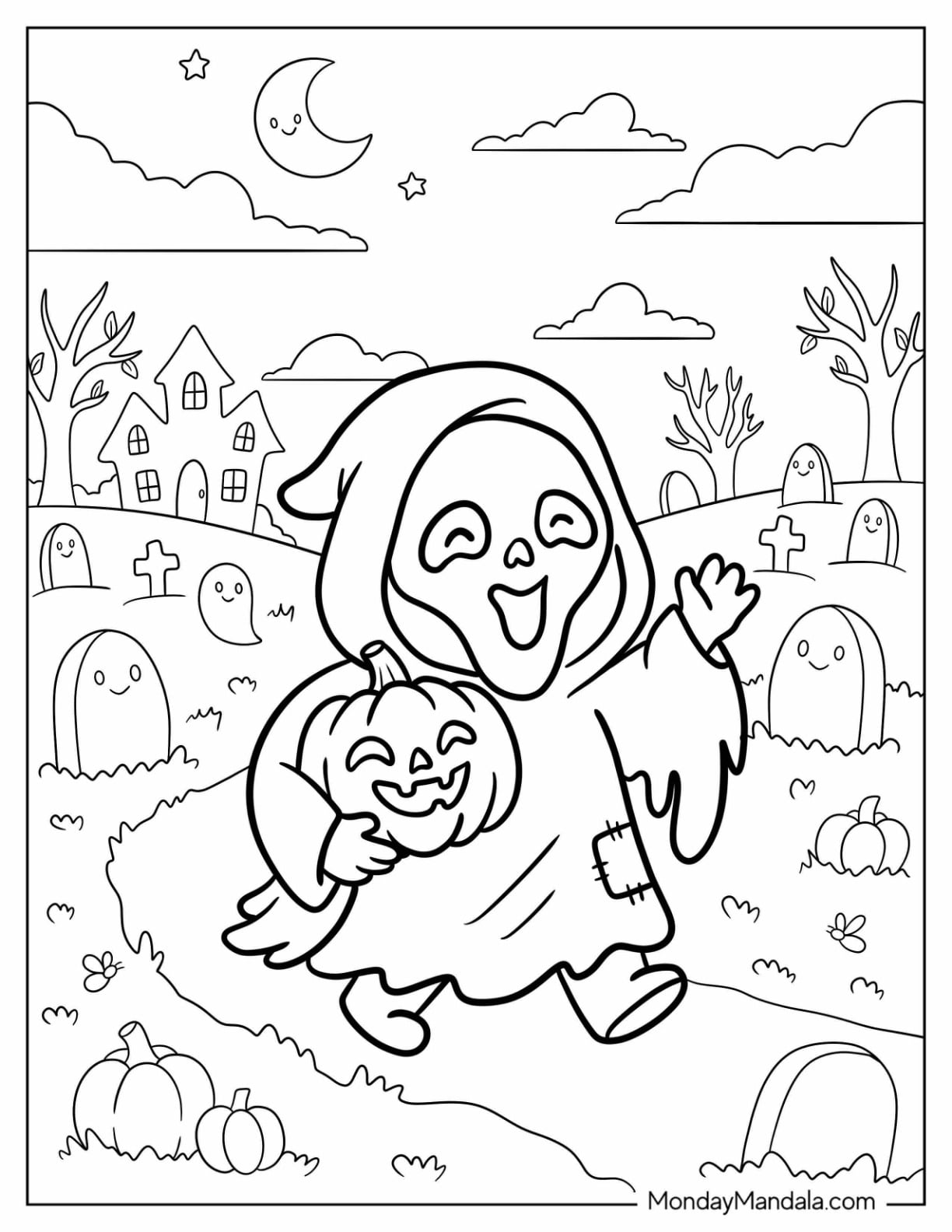 Ghost Face Carrying a Pumpkin Down a Driveway Coloring Sheet for Kids