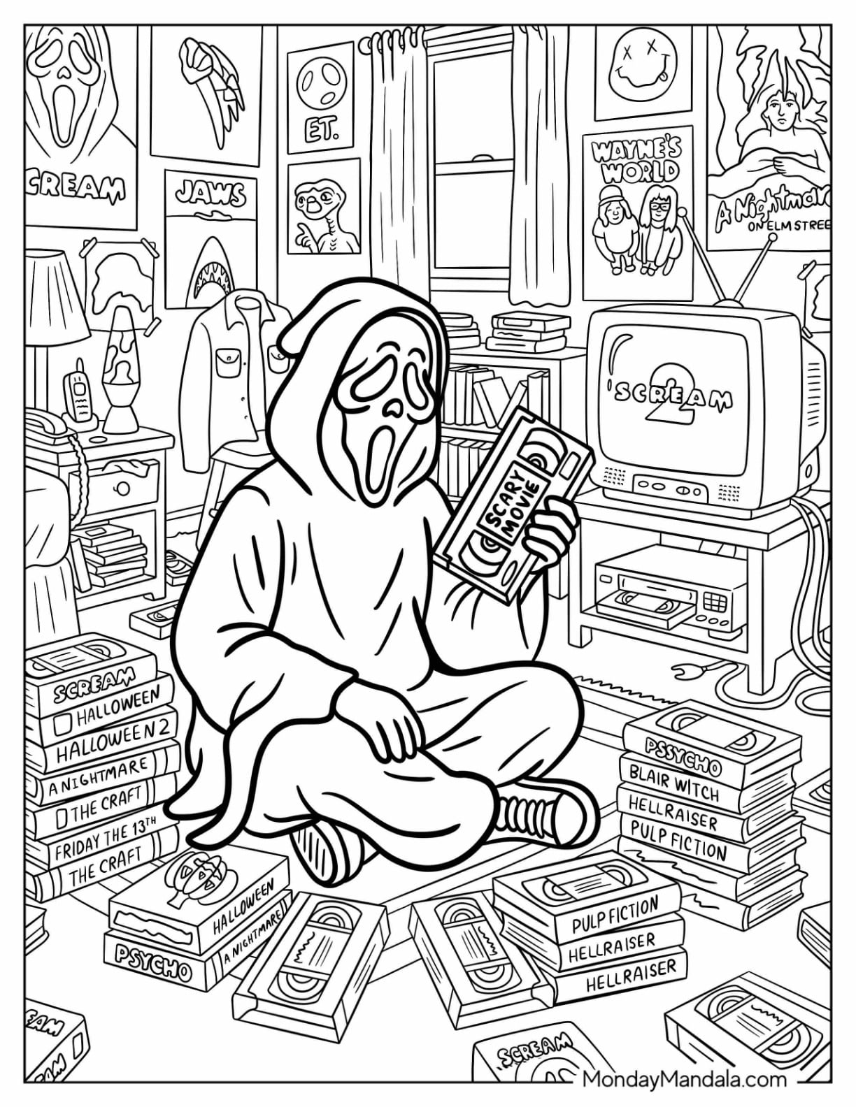 Ghost Face Holding a VCR Tape Coloring Page