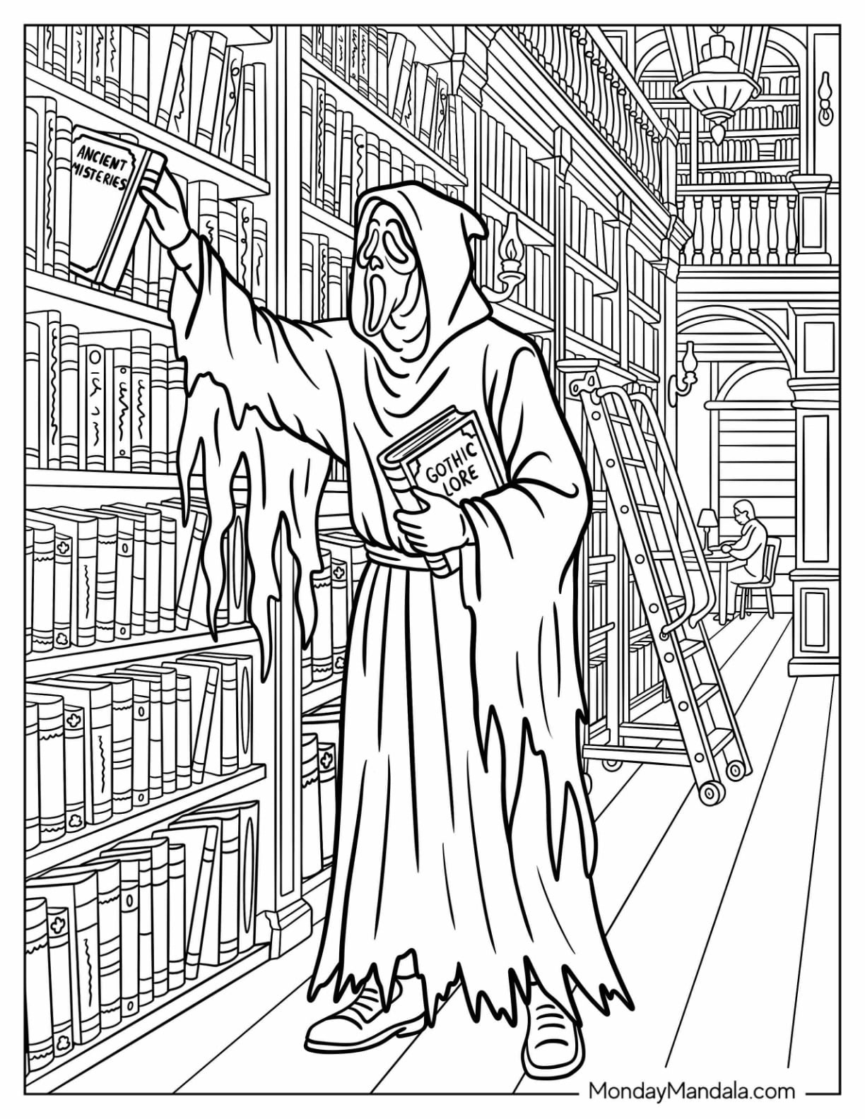 Ghost Face Looking for Gothic Books in the Library Coloring Page
