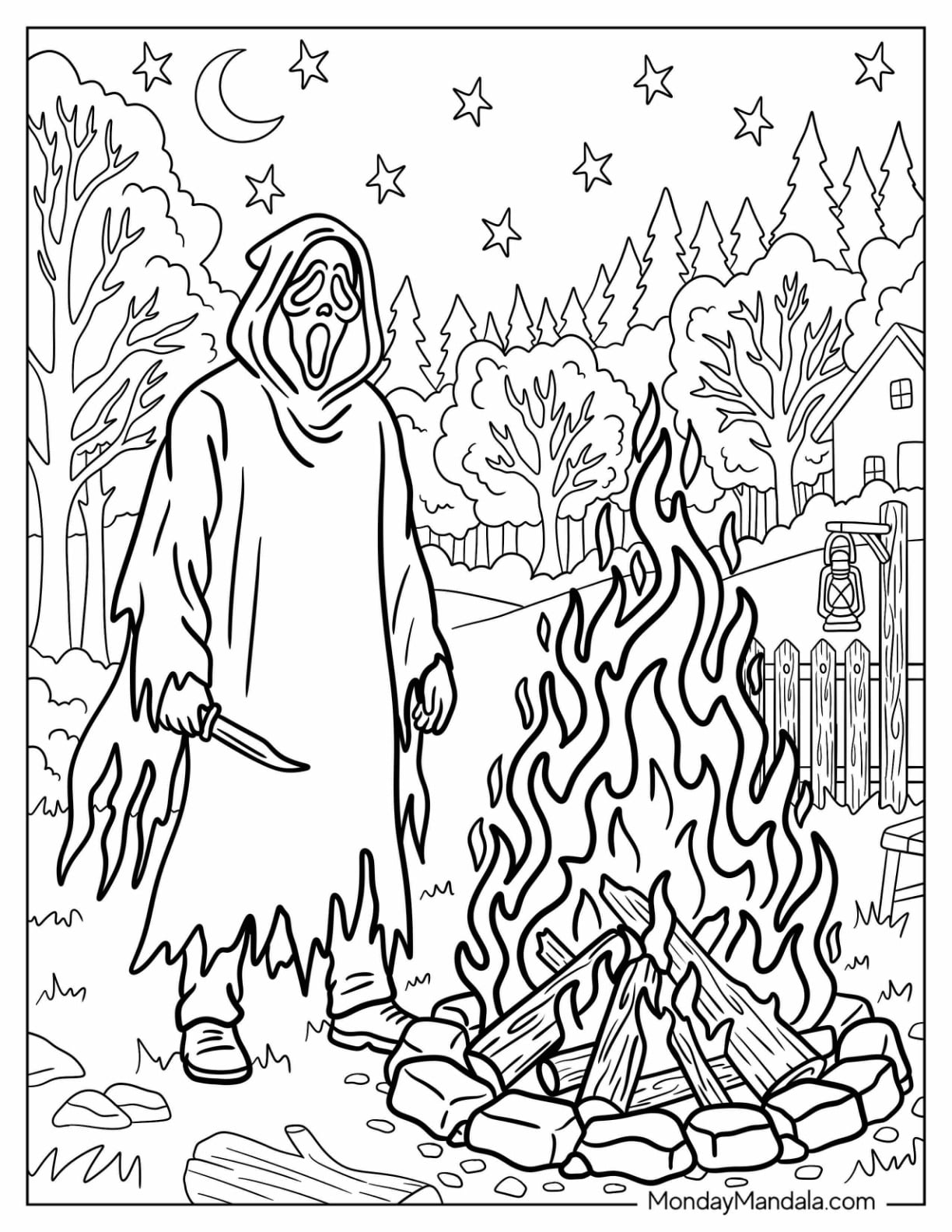 Ghost Face Standing Over a Bonfire with a Knife Coloring Page