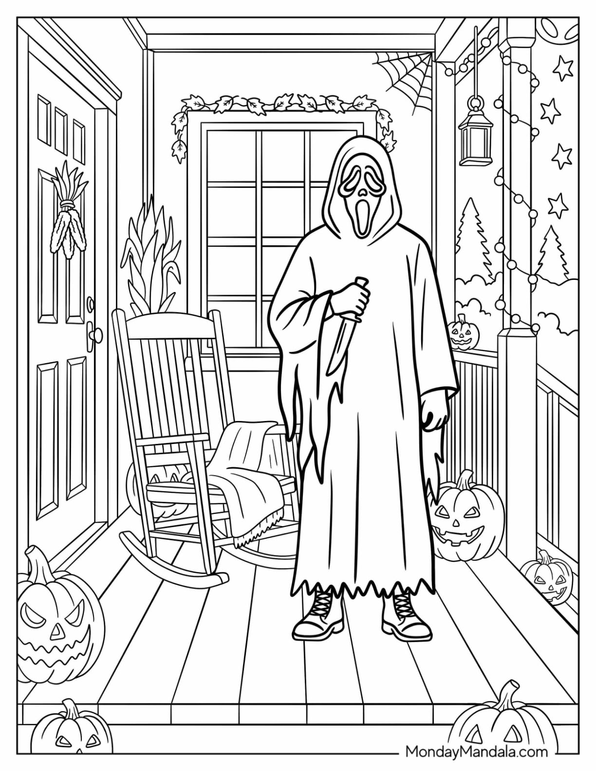Ghost Face on the Porch with a Knife Coloring Sheet