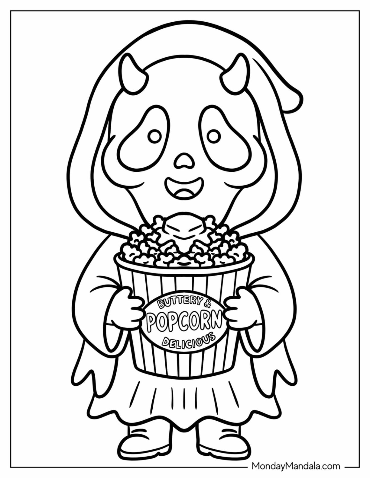 Ghost Face with Horns Holding a Bag of Popcorn Coloring Page for Kids