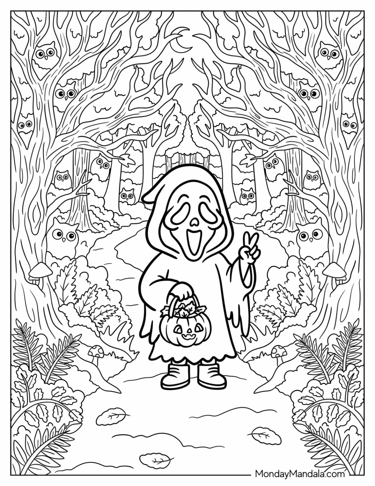 Ghost Face with a Trick or Treat Bag on Halloween Coloring Sheet
