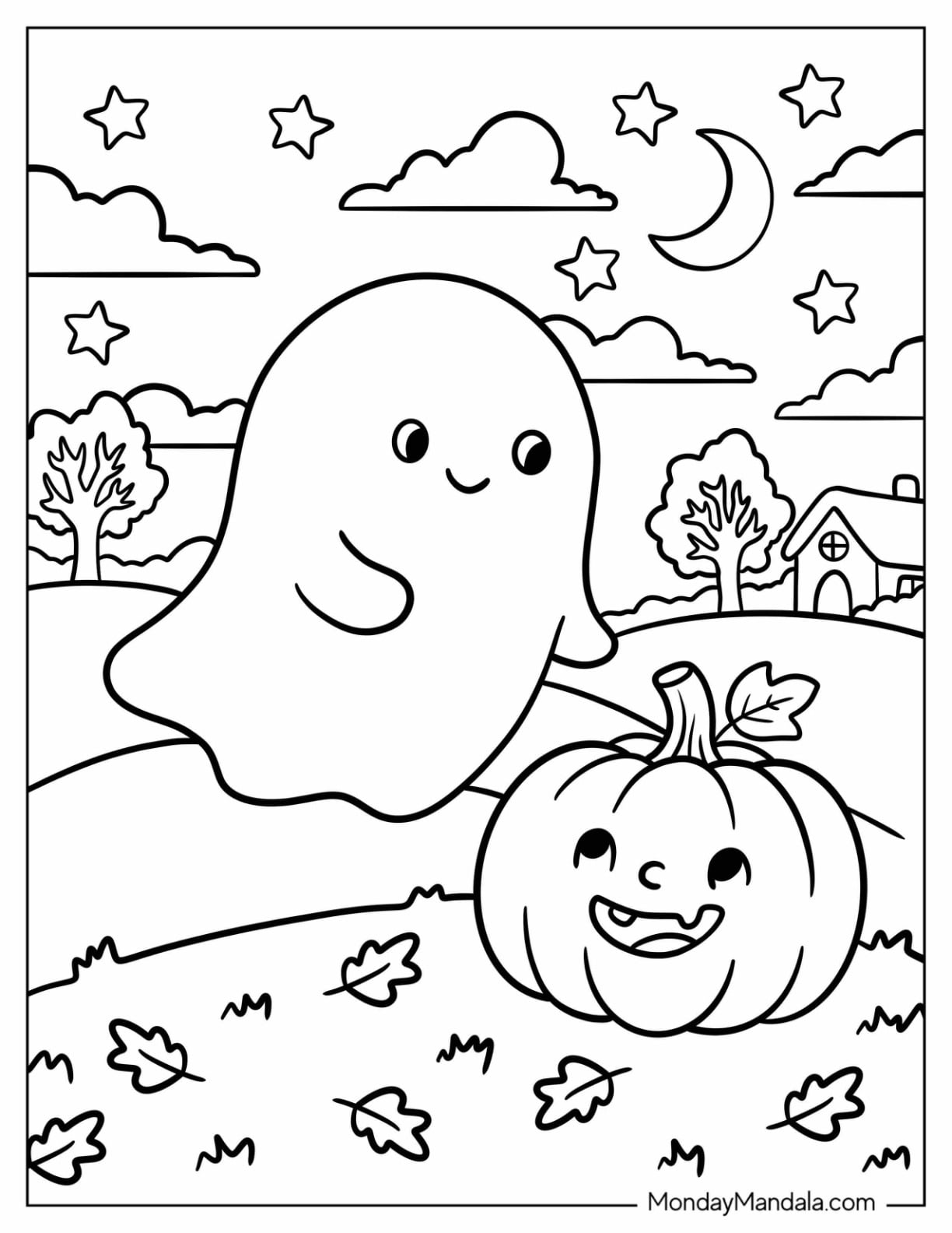 Ghost Floating Near a Jack O Lantern Coloring Page