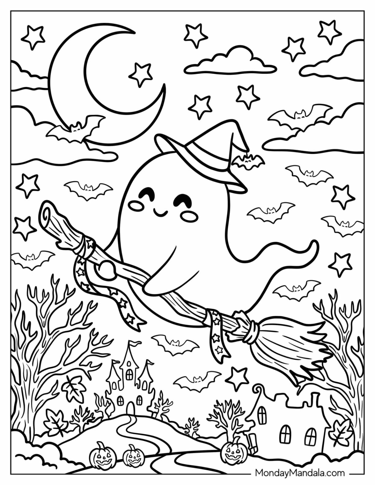 Ghost Flying on a Witch s Broom with Bats