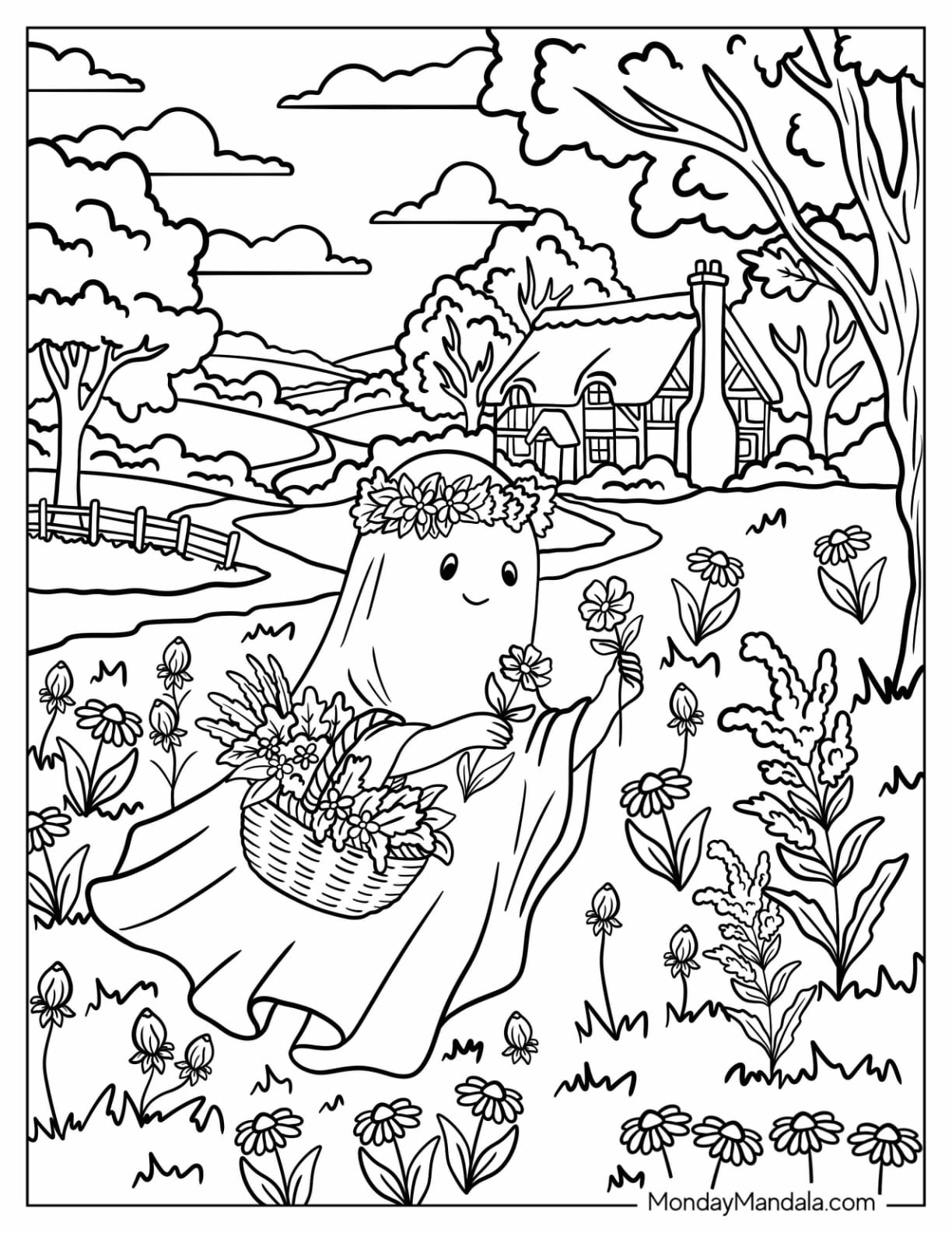 Ghost Picking Flowers in a Field Coloring Sheet
