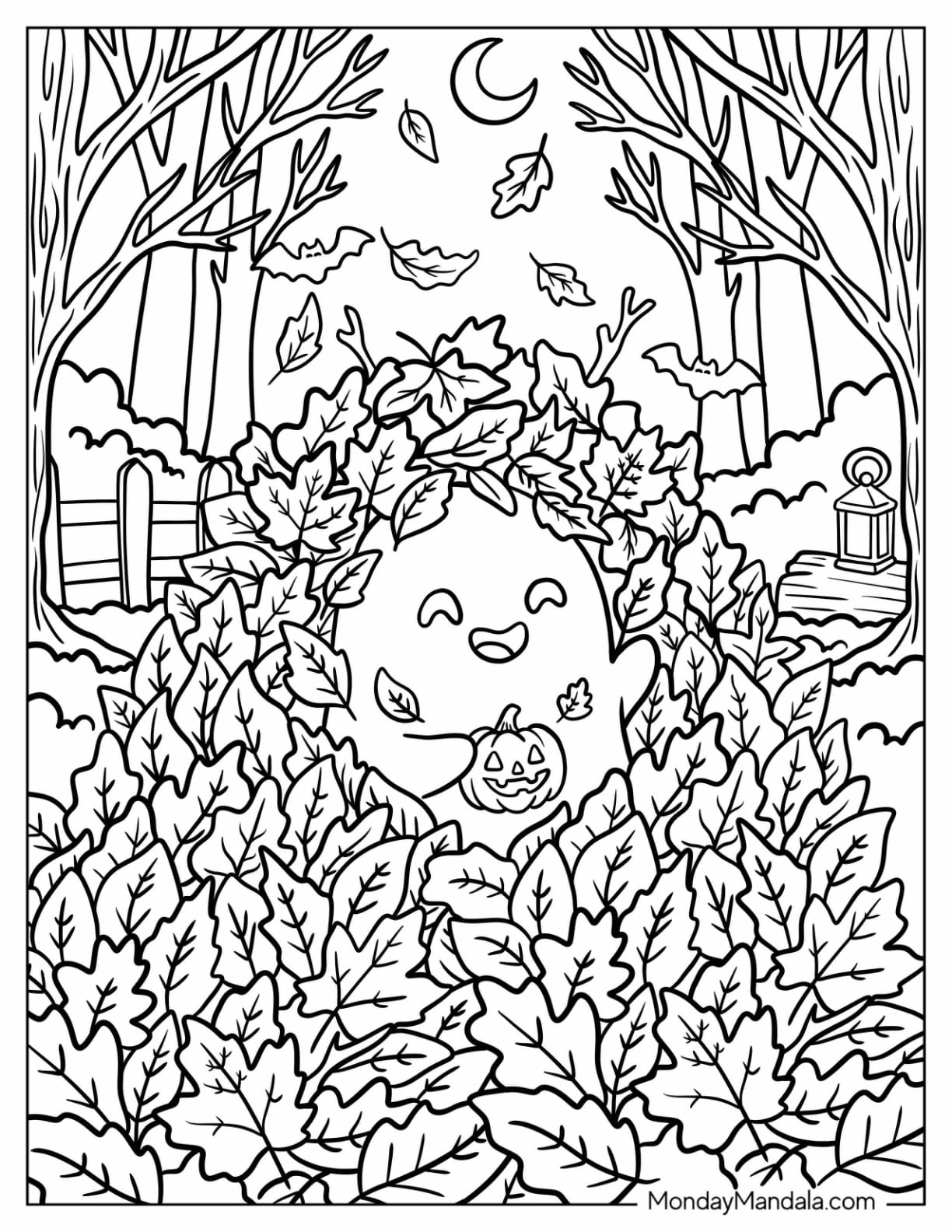 Ghost Playing with Fall Leaves Coloring Page