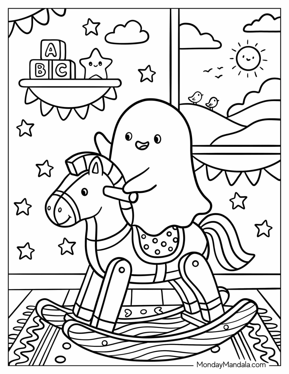 Ghost Riding a Toy Horse Coloring Page