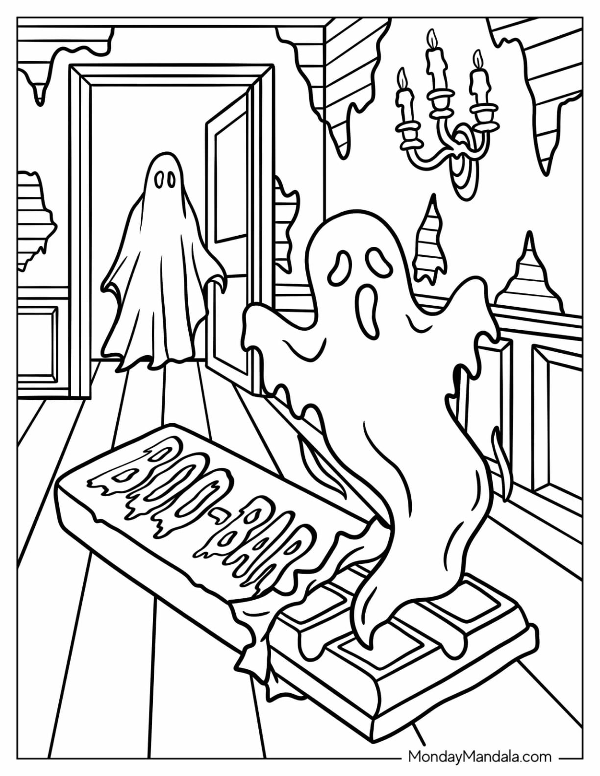 Candy Coloring Page of Ghost Rising From Chocolate Boo Bar