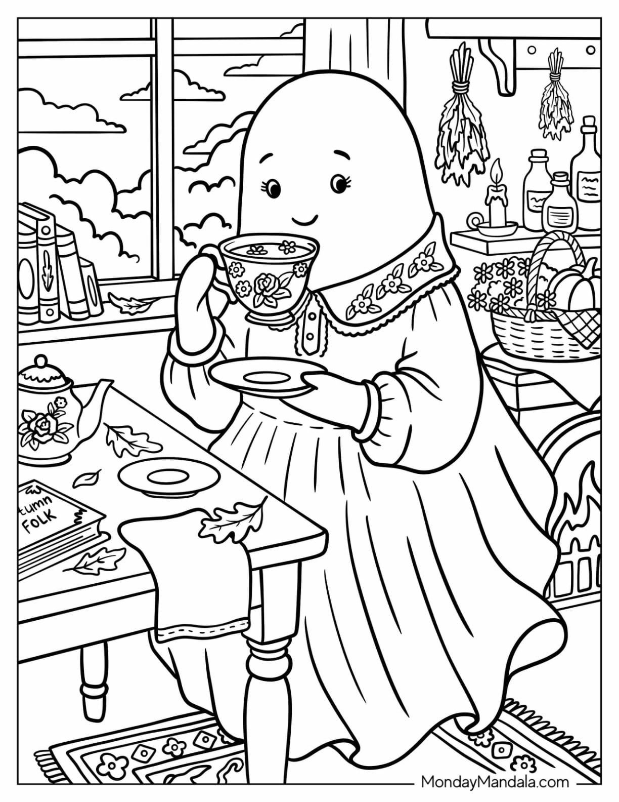 Ghost in a Pretty Dress Drinking Tea Coloring Page