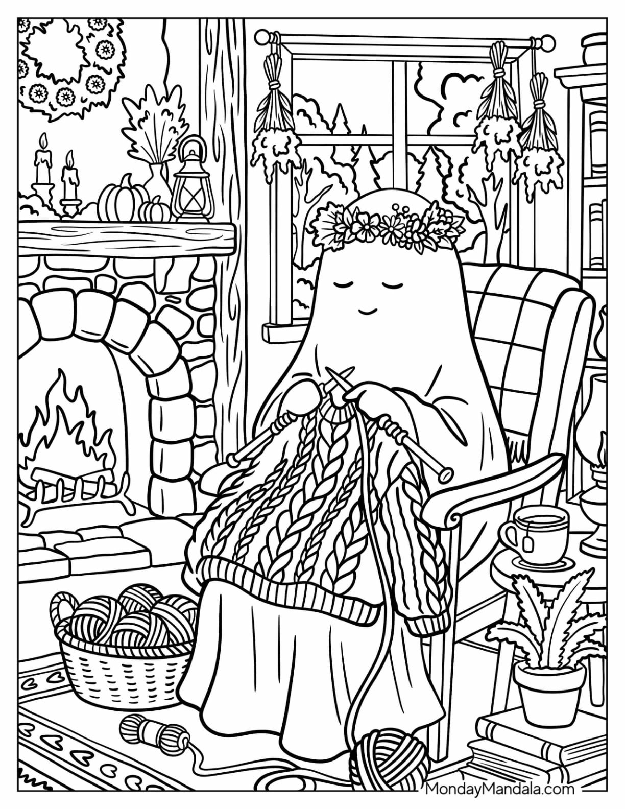 Ghost with Flower Crown Knitting a Sweater Coloring Sheet