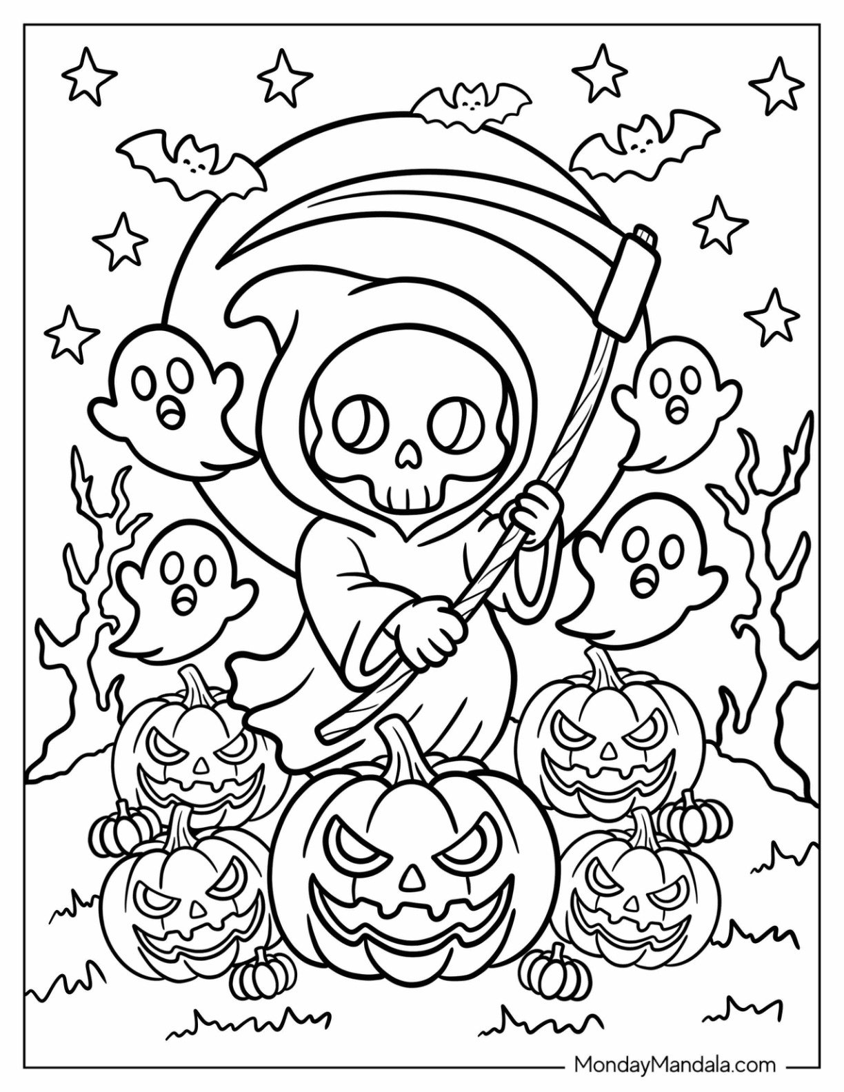 Ghostly Meadow with Grim Reaper Coloring Page and Jack O Lanterns for Kids