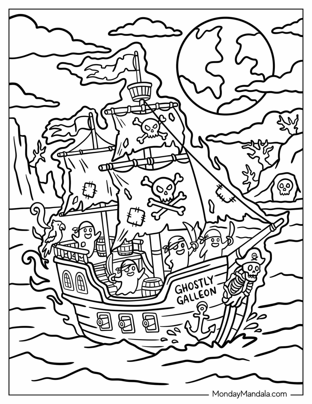 Ghostly Pirate Ship Sailing Beneath a Full Moon Coloring Page