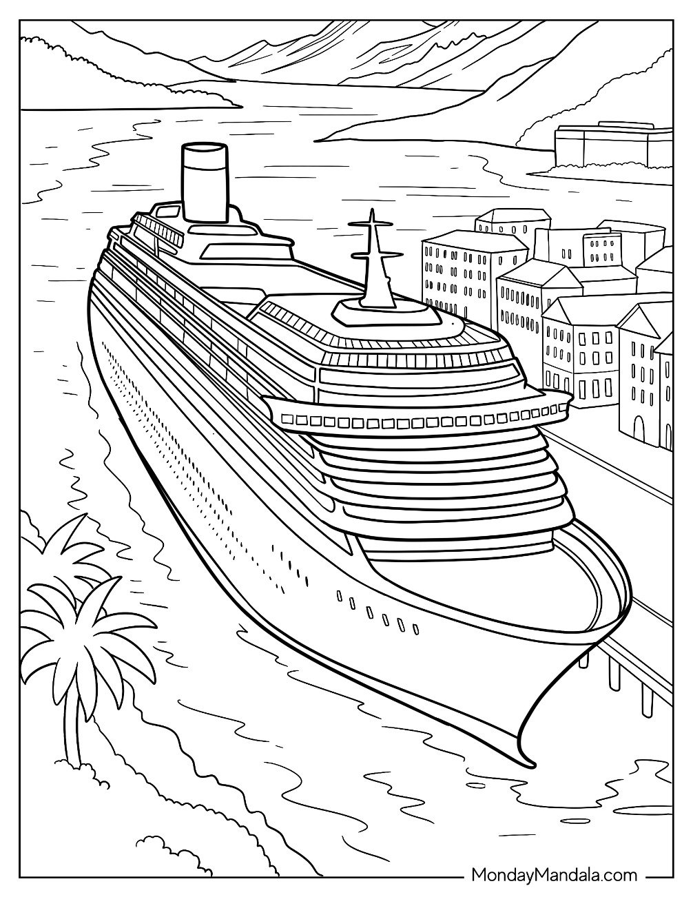 Boat & Ship Coloring Page of Giant Cruise Ship Docked at a Seaside Port with Mountains and City View
