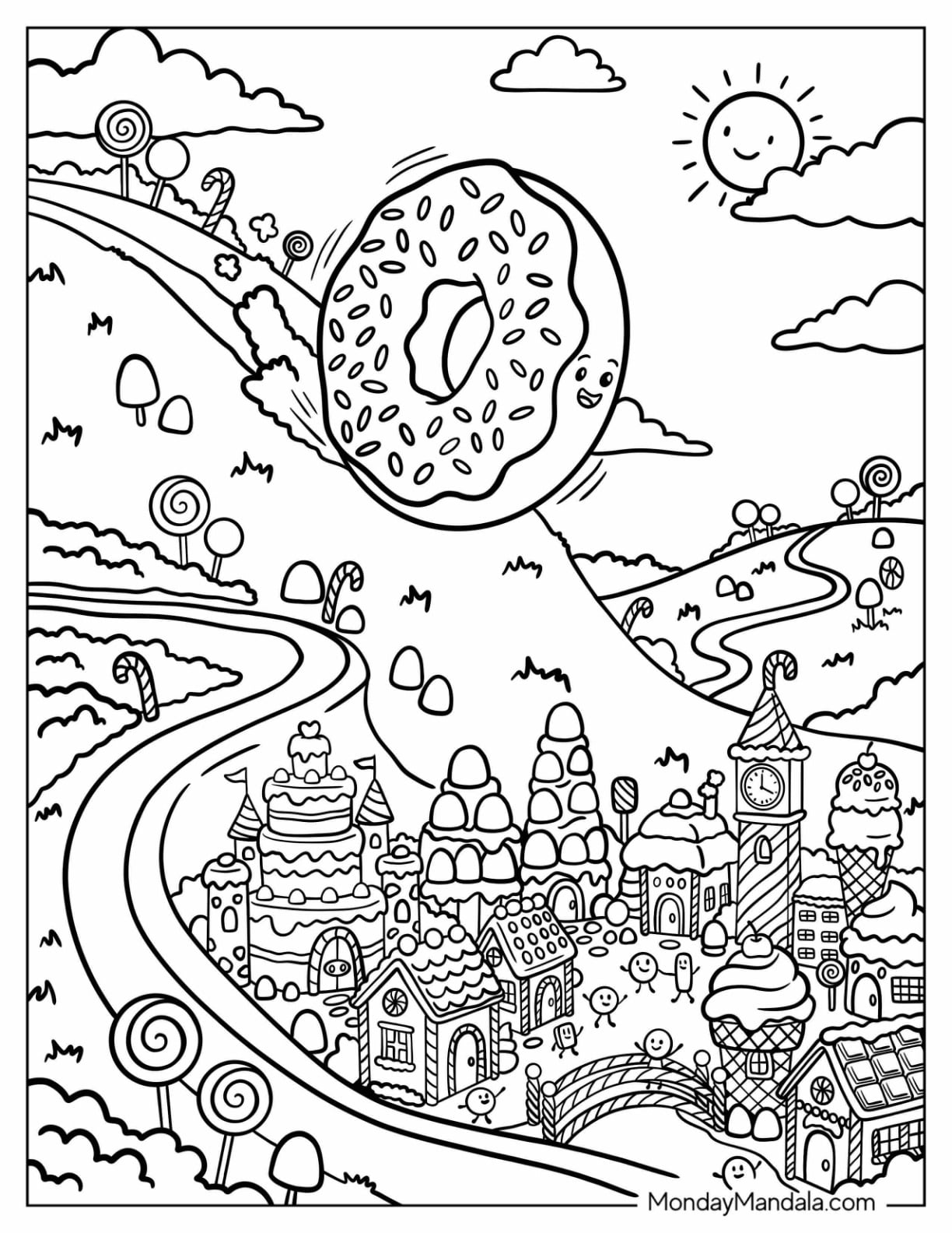Giant Donut Rolling Down a Hill Toward Candyland Coloring Page