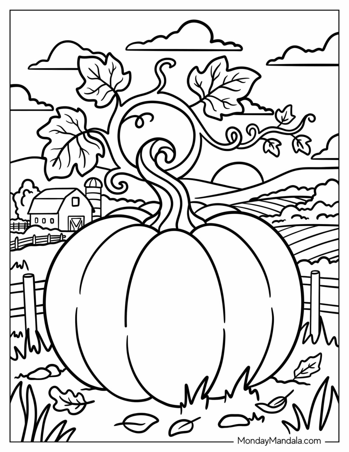 Giant Pumpkin with Leafy Stem in a Farm Coloring Page