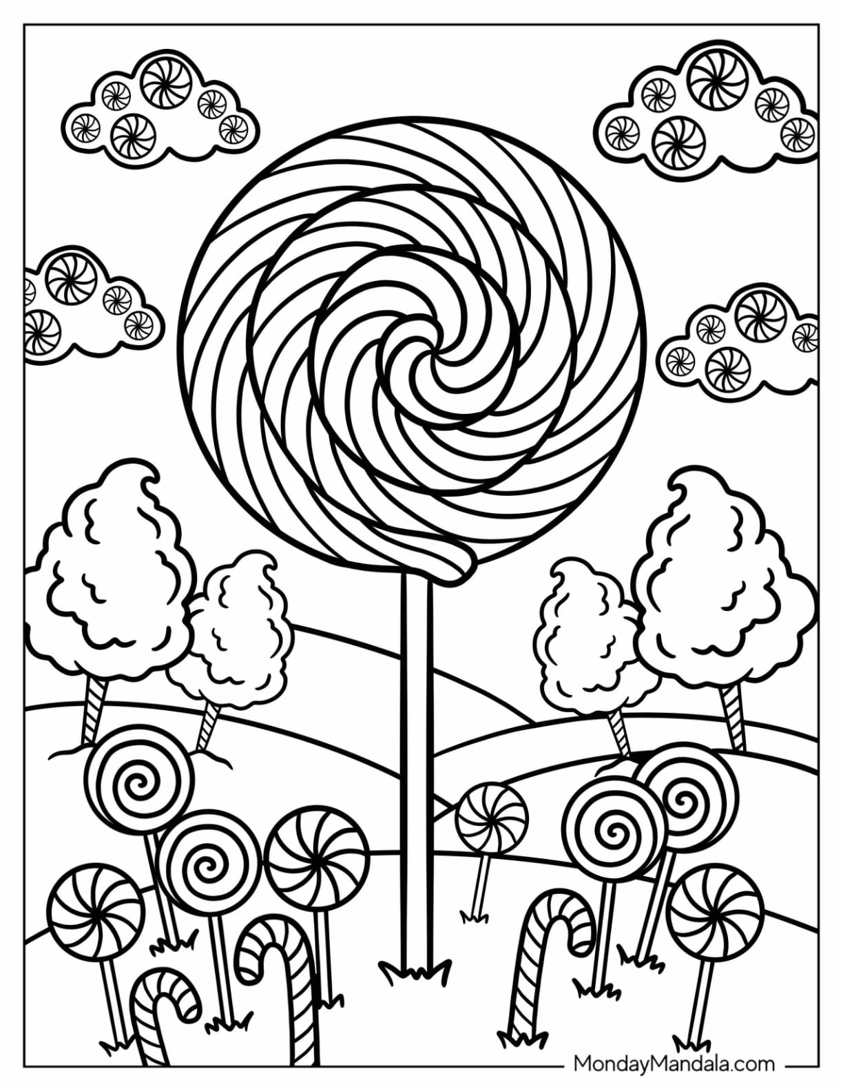 Candy Coloring Page of Giant Swirl Pops with Candy Canes and Lollipops on a Field