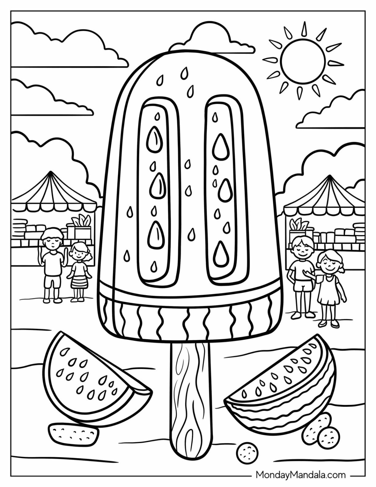 Giant Watermelon Coloring Page Popsicle at a Sunny Summer Fair