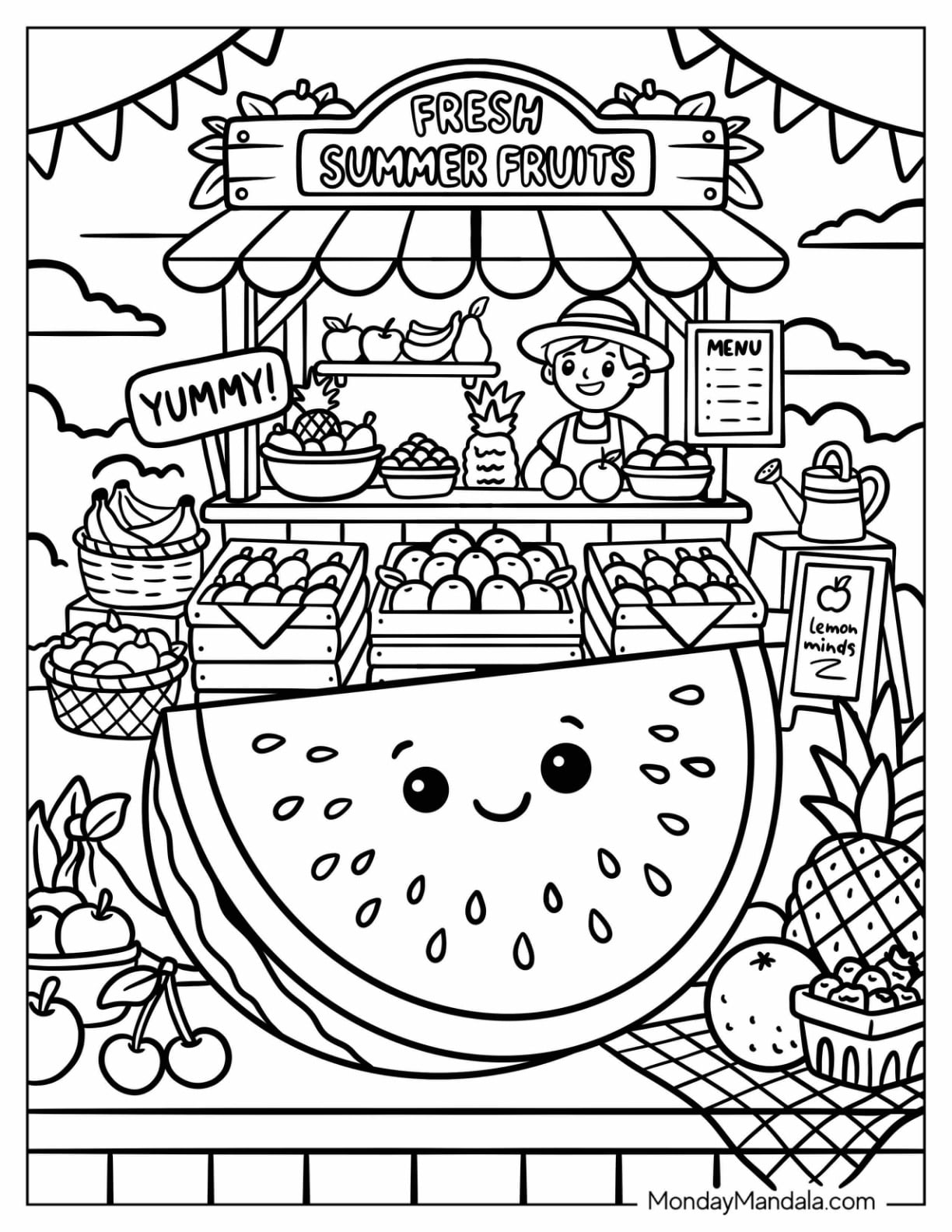 Giant Watermelon Slice at a Summer Fruit Stand Coloring Sheet