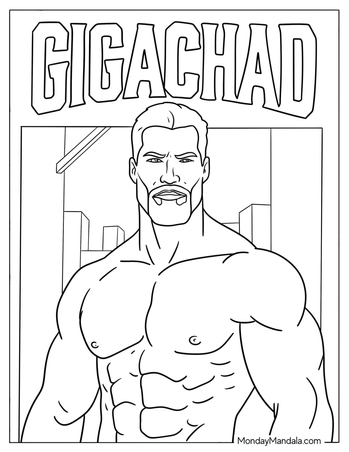 Gigachad Meme Flexing in Front of City Buildings