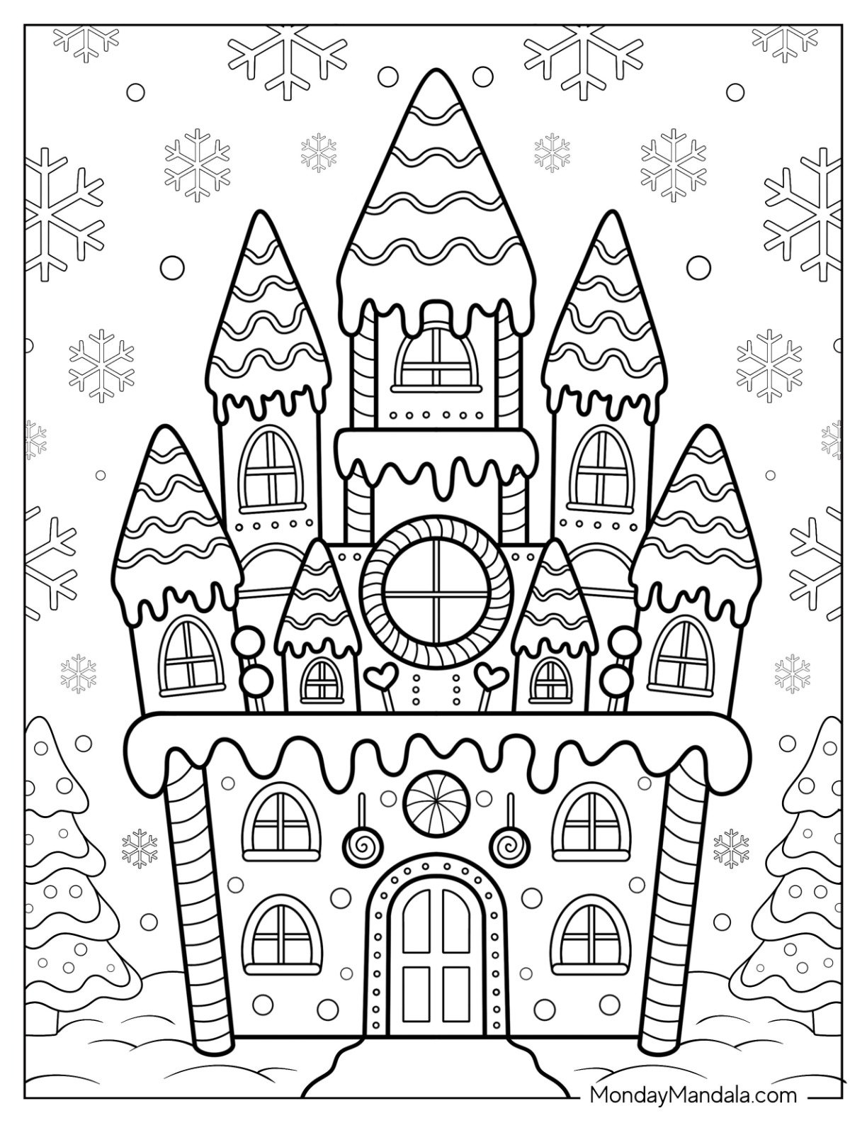 Gingerbread House Coloring Page of Castle with Candy Towers and Icing Roof