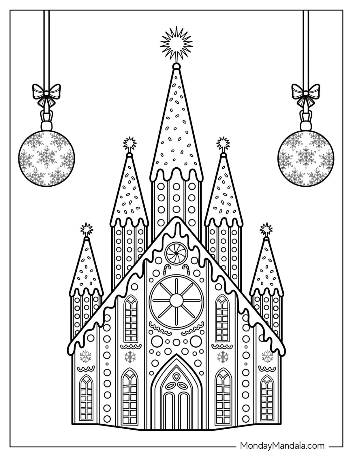 Gingerbread House Coloring Page of Cathedral with Tall Spires and Holiday Ornaments