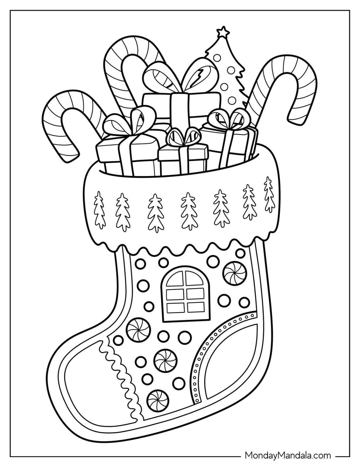 Gingerbread House Coloring Page of Christmas Stocking Filled with Gifts and Candy for Kids