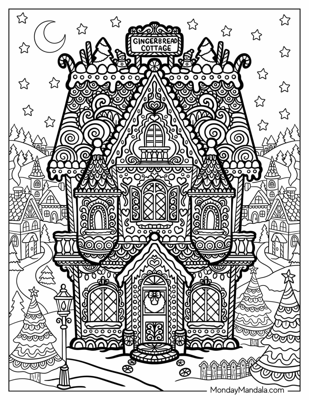 Gingerbread Cottage with Candy Decorations in a Christmas Village Christmas for Adults Coloring Page