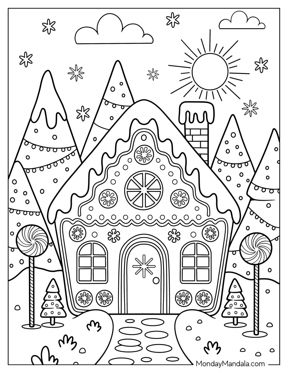 Gingerbread House Coloring Page with Candy Decor Surrounded by Trees and Snowflakes