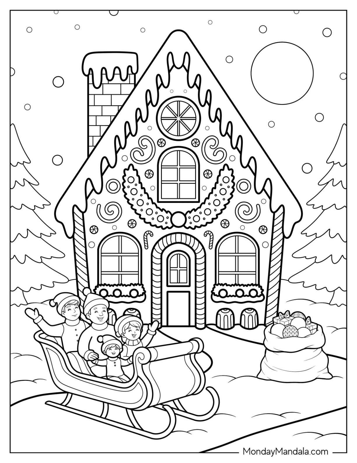 Gingerbread House Coloring Page with Family Sleigh Ride