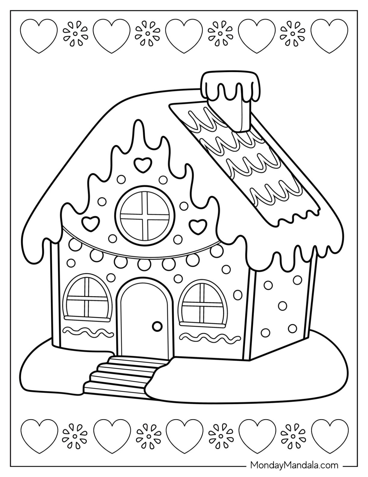 Gingerbread House Coloring Page with Heart Candies and Frosted Roof for Preschoolers