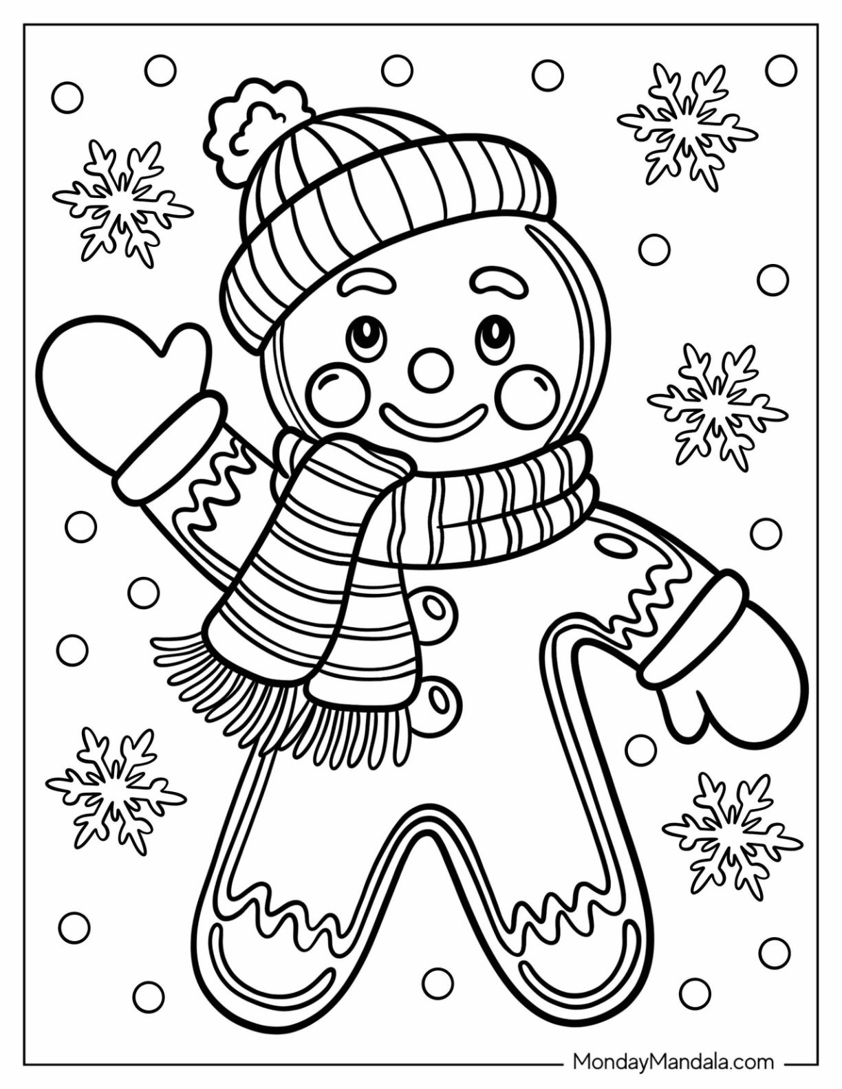 Gingerbread Man with Beanie, Scarf, and Mittens Coloring Page