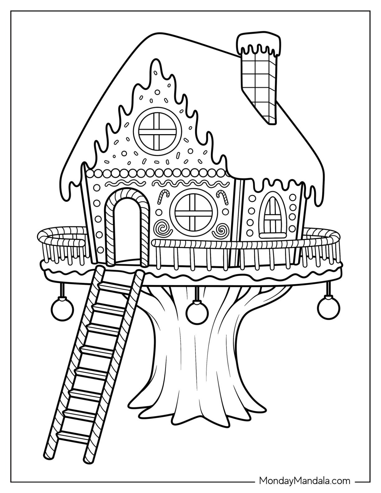 Gingerbread House Coloring Page with Candy Cane Ladder for Kids
